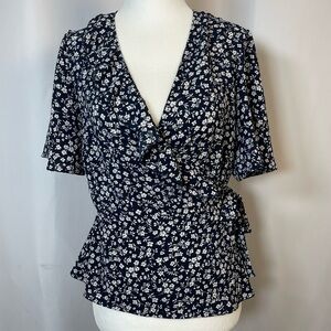 ONLY Vintage Large Floral Wrap Ruffle V Neck Top Blouse Cottagecore Feminine